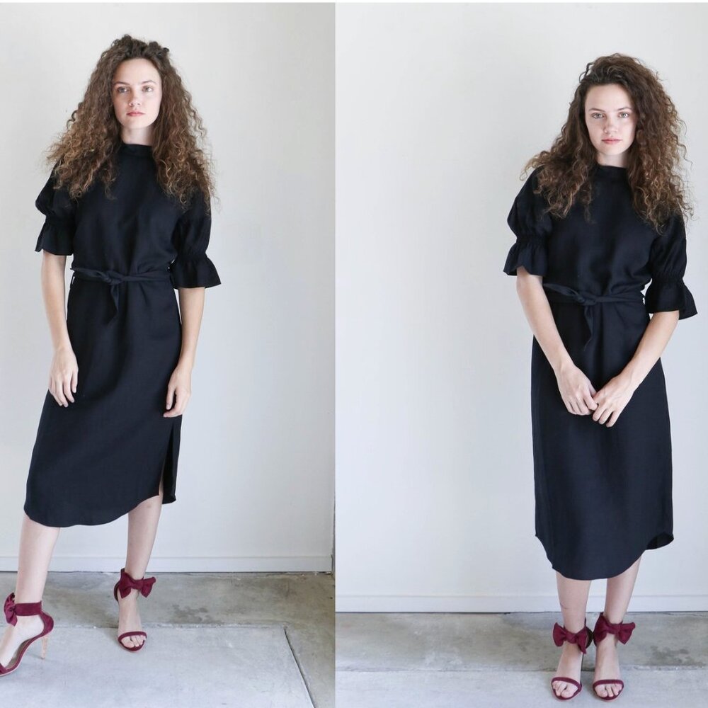 ❤️ A PIECE APART YERBA SANTA DRESS BLACK LINEN PUFF SLEEVES BOHEMIAN HIGH NECK